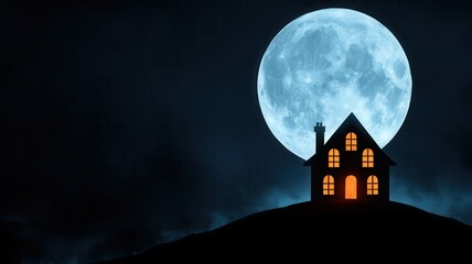 A silhouette of a house sits on a hill under a bright full moon, casting an eerie glow in a dark, atmospheric night sky.