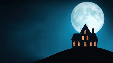 Fototapeta premium A silhouette of a spooky house on a hill illuminated by the light of a large moon, creating an eerie, night-time atmosphere.