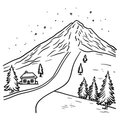 Fototapeta premium Cute kids coloring page. Landscape with mountains, clouds, field, bushes and road