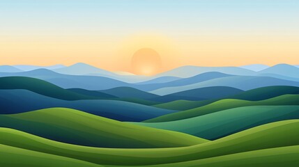 Obraz premium A scenic sunrise over rolling hills and mountains, with a gradient of colors from yellow to blue, representing a tranquil and peaceful morning.