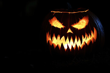 Fototapeta premium Fanged jack-o'-lantern isolated in the dark.