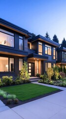 Fototapeta premium Modern townhouse exterior with large windows, landscaped yard, and a well-defined pathway, set against a clear blue sky at dusk.