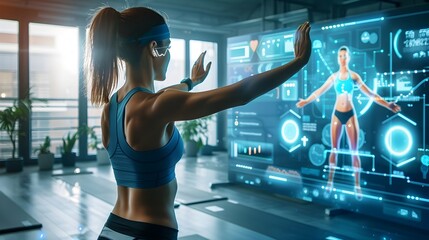 Fitness Instructor Leads Virtual Workout Class with Real Time Biometrics Display on Screen for Fitness and Wellness Technology Concept