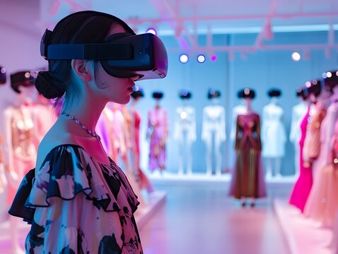 Fashion designer previewing virtual reality runway show with simulated fashion designs and futuristic technology