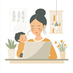 A happy mother holding a baby while working on a laptop at home, flat design, minimalistic lines, light pastel tones