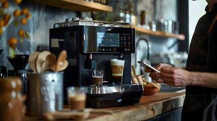 Barista Customizing Drinks with Smart Coffee Machine and Monitoring App