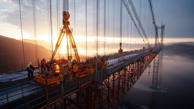 Restoration Team Painting Steel Cables of Suspension Bridge with River Panorama Background