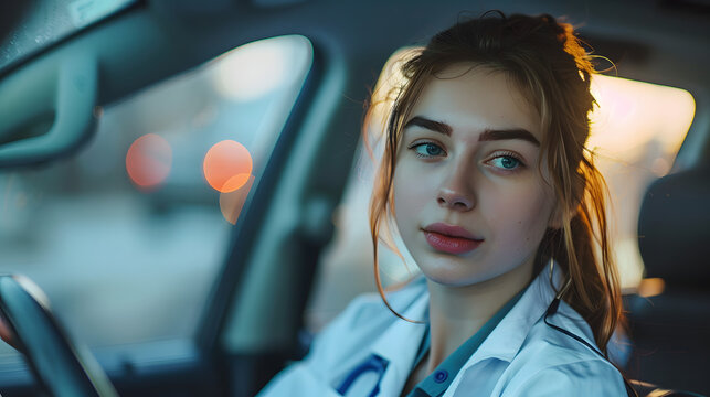 Female nurse sitting in car, going home from work. Female doctor driving car to work, on-call duty. Work-life balance of healthcare worker