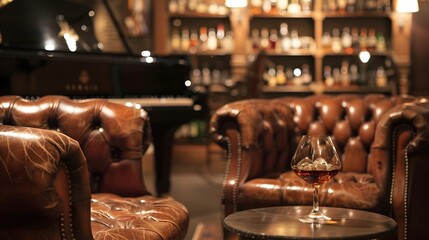 Sophisticated Brandy Lounge with Leather Armchairs Piano and Soft Jazz