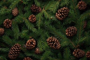 Fototapeta premium Overhead view of spruce and thuja branches with cones.