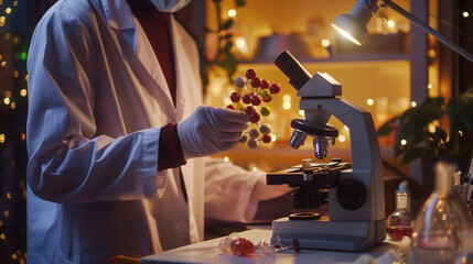 Fototapeta premium Scientist in lab coat holding molecular model of serotonin receptor, with microscope and scientific instruments, highlighting the significance of neuroscience research.