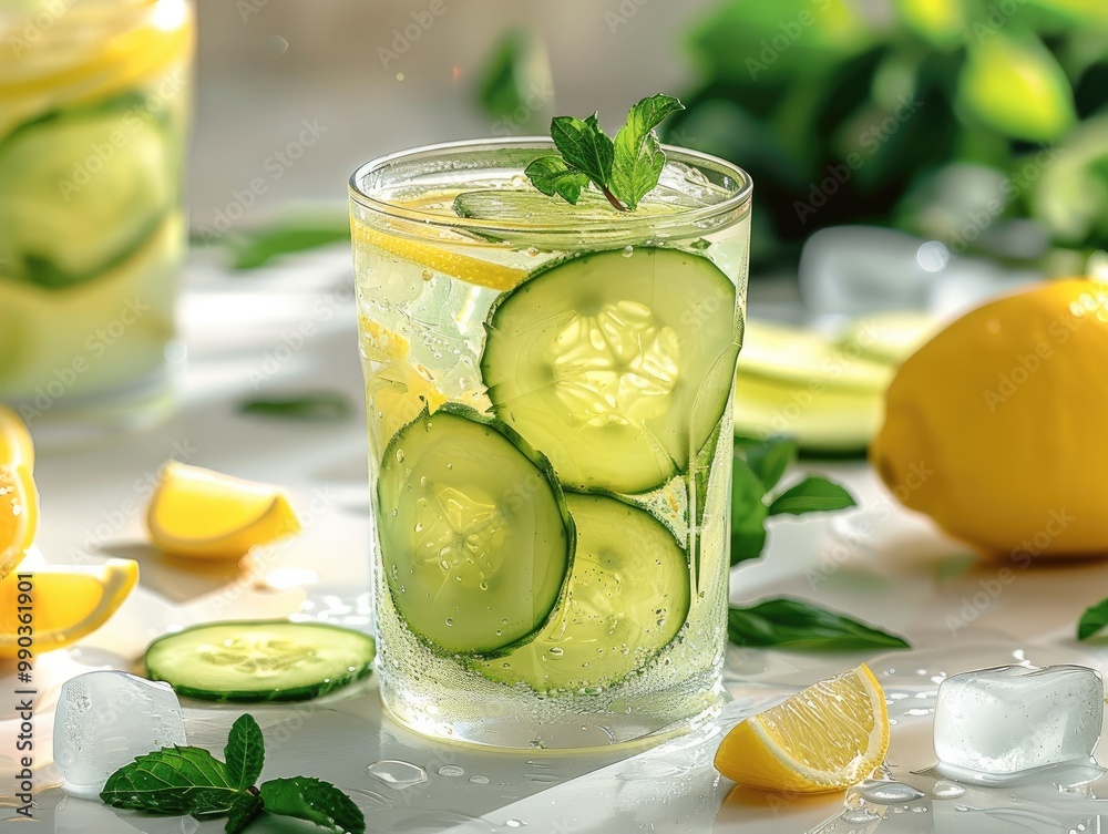 Poster A refreshing glass of cucumber mint lemonade, served over ice with lemon slices. Bright and fresh tones.