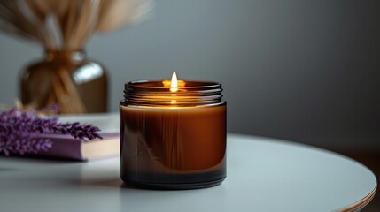 A medium-sized candle in a brown glass jar.