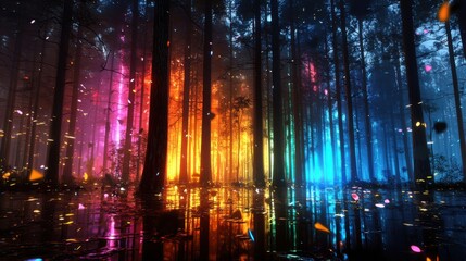 Obraz premium Enchanted Neon Forest: Surreal Woods with Glow in the Dark Trees and Dreamy Misty Landscape