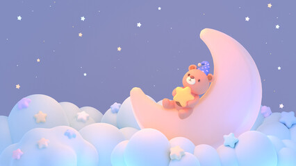 3D render kawaii baby bear lying on the moon.