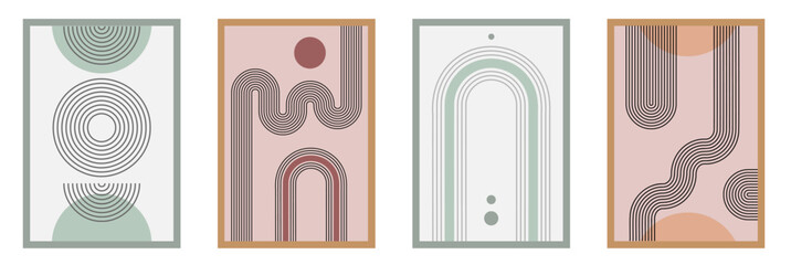 Zen arch poster set, simple line arch and shapes. Geometric Japanese zen pattern minimal elements. Boho style strips,