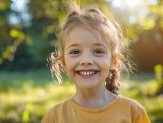 Happy Childhood. Portrait of Young Girl Smiling in Nature, Embracing Freedom and Joyful Youth
