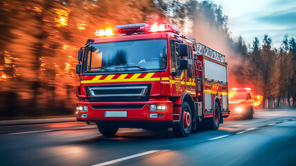 Fire truck on the road respond to emergency call .