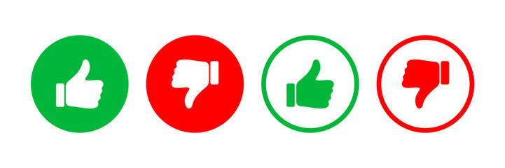 Set of thumbs up and down symbols in red and green colors. Vector illustration