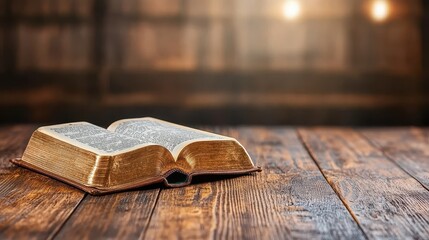 An old golden book rests on a wooden table, bathed in warm light, symbolizing knowledge and history in a tranquil setting.