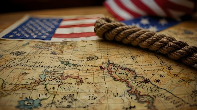On the Colombus Day table, an American flag and rope are placed atop a treasure map.