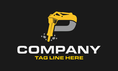Initial Letter P Drill Logo, Stone Crusher Drill, Logo Design