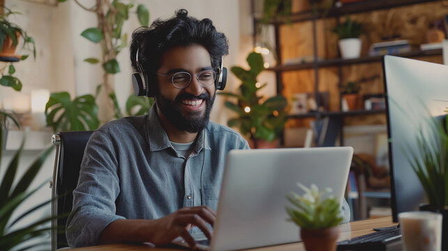 Happy african indian man working remotely on a virtual video team meeting call, remote work and flexible culture concept. Inclusive and diverse workplace. DEI remote working.