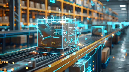 Futuristic Technology Retail Warehouse Digitalization and Visualization of Industry 4.0 Process that Analyzes Goods, Cardboard Boxes, Products Delivery Infographics in Logistics