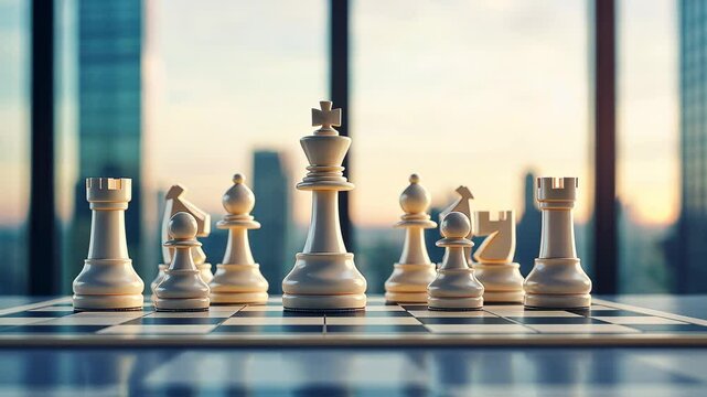 Elegant white chess pieces arranged on a board with a city skyline in the background