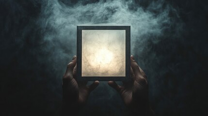 Hands holding a framed picture with a glowing light inside, surrounded by smoke.