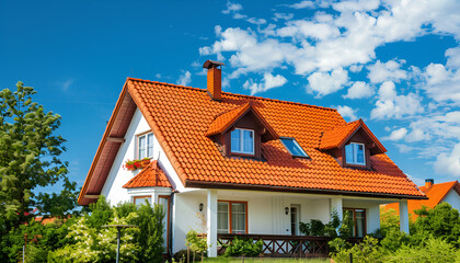 Beautiful house with red roof against blue sky, low angle view