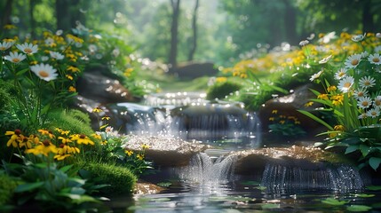 Tranquil Forest Stream with Sunlit Flowers