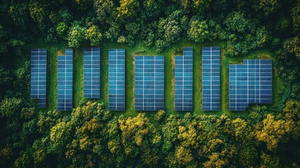 Aerial View of Solar Panels in a Forest