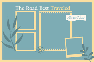 Vintage Travel Photo Collage Frame With Movie Border Frame and Album Cover Art, Modern Background And Leaf.