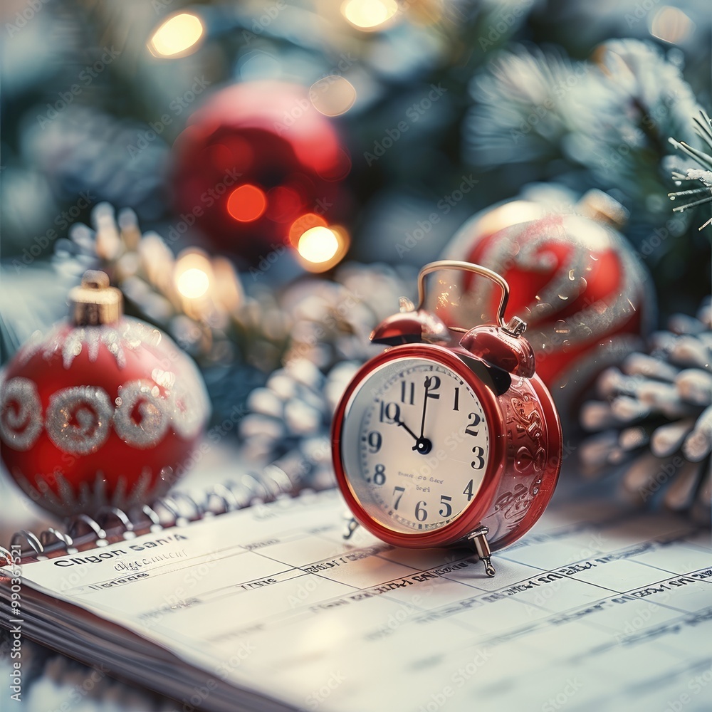 Poster the concept of saving time featuring a calendar. lightly theme it with christmas.
