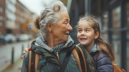 Grandma picking up young girl from school at afternoon. Granddaughter spending time with senior grandmother outdoors in city after school