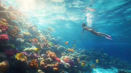 Obraz premium A fascinating underwater world, filled with colorful corals and exotic tropical fish. This beautiful view creates a stunning natural harmony, offering beauty and tranquility