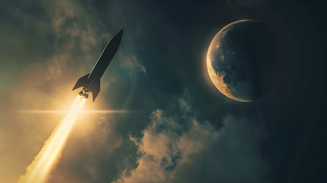 Rocket Launching During Solar Eclipse With Moon Partially Covering Sun Space Concept