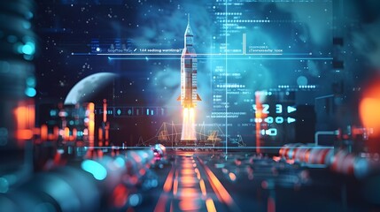 Futuristic Rocket Launch with Augmented Reality Overlay Showcasing Real Time Data and Statistics