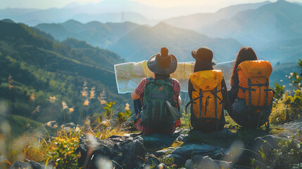 Group woman travel hiker adventure on mountain nature landscape. Asia people and friend lifestyle tourist backpack sitting and helping check map to find directions explore and cam