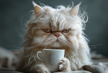 White Persian cat with messy fur, with grumpy face, holding coffee cup.