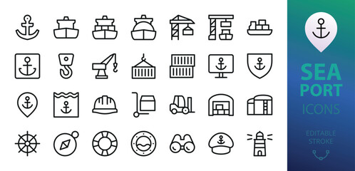 Sea port isolated icons. Set of container ship, port crane, shipping container, ocean tanker, gas carrier, lighthouse, sea captain hat, marine anchor vector icon with editable stroke
