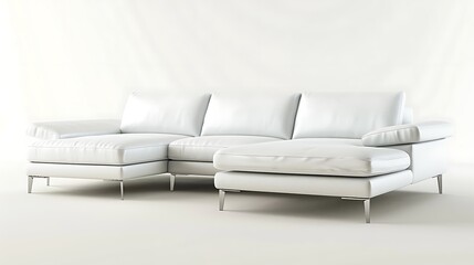 A sleek white leather sofa with a chaise lounge, on a white background