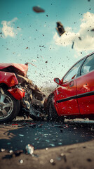 Two cars in a severe collision with debris flying.