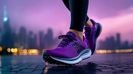 Purple Running Shoes on Cityscape Background: A pair of vibrant purple running shoes with black laces, worn by a woman, stand out against a backdrop of a city skyline illuminated by purple hues. 