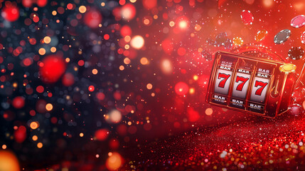 Slot machine with lucky 7's and glittering lights.