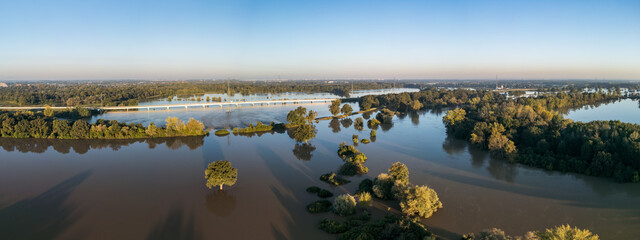 Panoramic photo of the Wrocław Eastern Bypass and the flooded surrounding areas during the flood in Wroclaw, Poland in September 2024