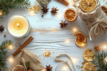 Top view border from citrus, candles, spruce and lights on the wooden background. New year backdrop with copyspace