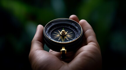 Compass in Hand: Finding Direction and Purpose: A close-up image of a hand holding a compass, with a blurred green background, symbolizing the journey of finding one's way and navigating life's challe