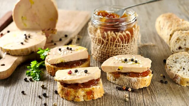 foie gras on toast with onion confit &ndash; festive appetizer concept for Christmas or holiday celebrations. Elegant and gourmet French cuisine